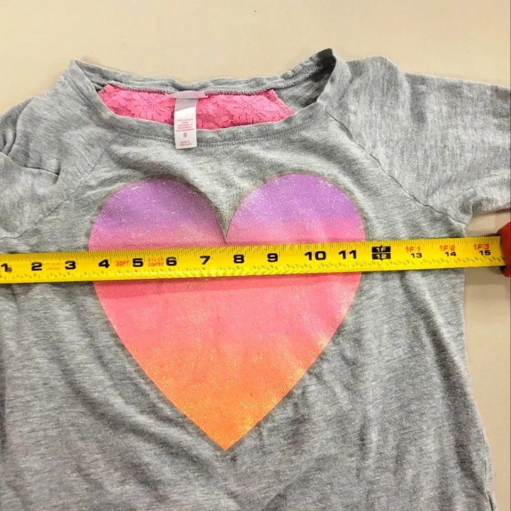 Justice Girls size 8 Long Sleeve Pink Lace Glitter Heart Tee Top
